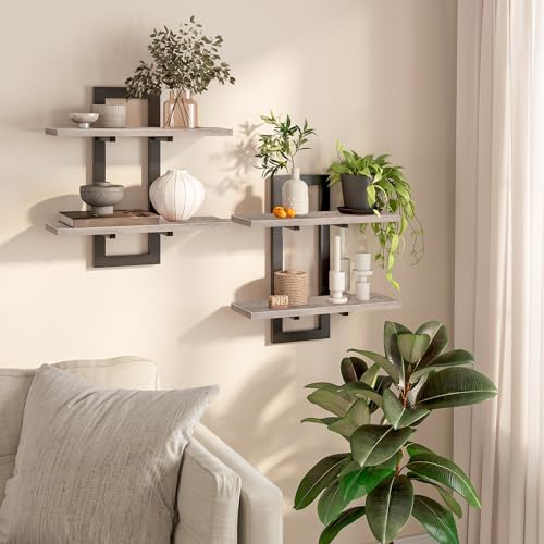 HOOBRO Floating Shelves, 15 Inch Wall Shelf Set of 2, Wall Mounted Storage Shelves 2-Tier, Hanging Bathroom Shelves, for Living Room, Bedroom, Bathroom, Kitchen, Greige BG32BJ01 by HOOBRO