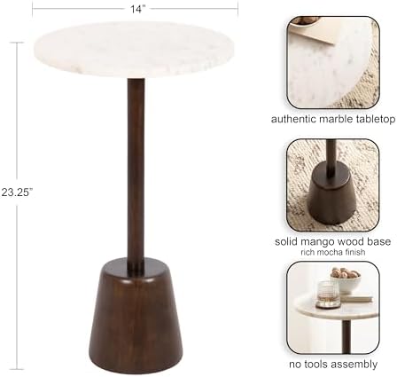 Kate and Laurel Tira Round Marble Side Table, 14 x 14 x 24, White Marble and Dark Brown, Decorative Pedestal End Table for Use as a Bedroom Nightstand or Living Room Plant Stand Table - Image 3