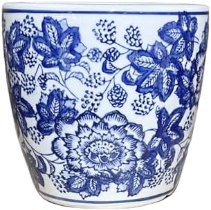 8" D Beautiful Oriental Peonies Flowers & Leaves Blue & White Ceramic Planter Pot by Unknown
