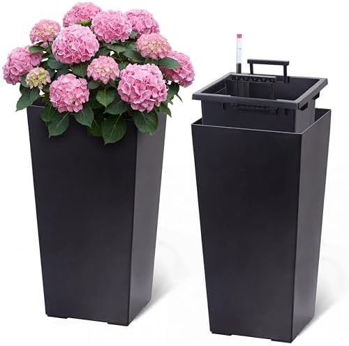 Tall Planters Set of 2, 22.5 Inch Self-Watering Outdoor Indoor Plant Pot with Water Level Monitor & Drainage Holes, Large Modern Flower Pot with Inner Bucket, Trays & Wheels – Black by Unknown