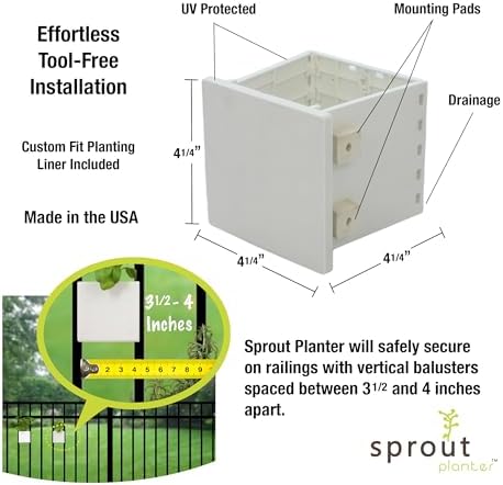 Railing Planter 5-Pack, White (4-inch) | Tool-Free Space-Saving Floating Flower Pots for Balcony Railings | Vertical Garden Railing Planters | UV-Protected, Made in USA - Image 5