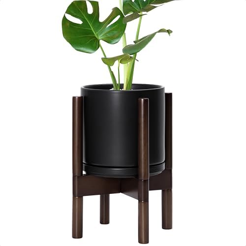 D'vine Dev Ceramic Pot with Walnut Wood Stand, Black, 8 in, 55-B-Y-2 by DvineDevPlanterPotsandStand