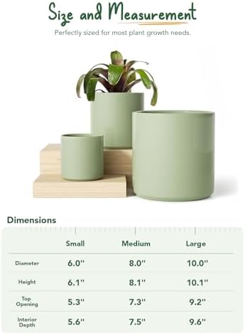 LE TAUCI 10+8+6 Inch Ceramic Pots for Plants, Indoor Planters with Drainage Hole and Plug, Modern Cylinder Flower Pots Set of 3 for Living Room and Kitchen, Glossy, Sage Green - Image 5