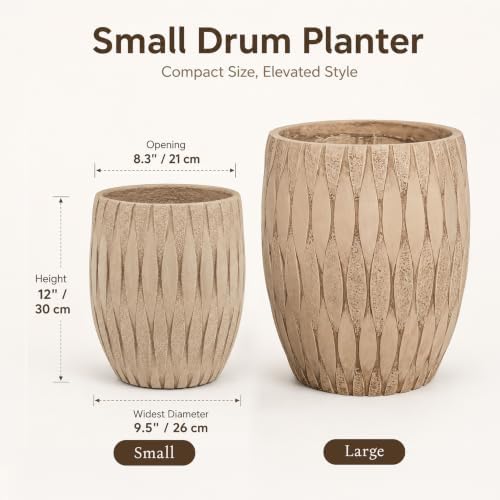 12" H x 9" Dia Beige Fiberstone Planter Pot with Drainage Hole, Decorative Flower Pot for Houseplants, Succulents & Small Trees, Indoor Outdoor Home Décor, Patio, Porch & Garden, Handmade Finish - Image 3
