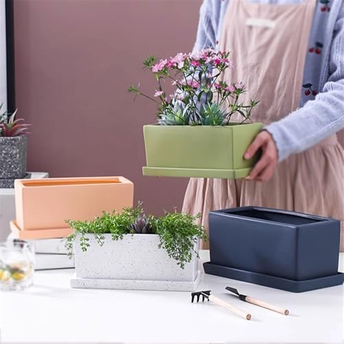 Planter Green Rectangles Flower Pot Ceramic Plant Pot with Saucers Tray and Drainage Holes for Balcony Living Room Bedroom Windowsill Flower Pots(Large) - Image 3