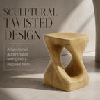 Twisted Solid Wood Accent Table, Hand-Carved Sculptural End Table, 12x12x16 inch Rustic Wooden Stool, Modern Geometric Side Table for Living Room Bedroom, Natural Wood Nightstand Plant Stand - Image 3