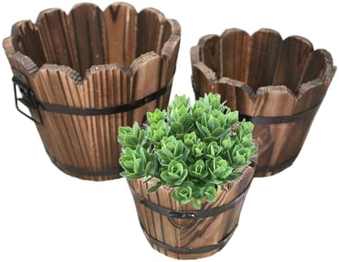 3Pcs Whiskey Barrel Planter Vintage Wooden Barrel Planter with Wavy Mouth & Drainage Hole Decorative Plant Pot with Handles for Indoor Outdoor Garden, Décor de pelouse by Unknown