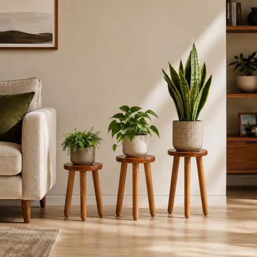 Teak Wood Plant Stand, 24" Round Side Table, Wood Accent Table - Image 7