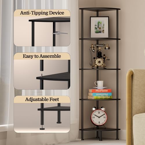 5-Tier Corner Shelf Stand, 52" Industrial Corner Display Rack for Living Room, Bookshelf, Tall Display Shelf, Plant Stand, Storage Standing Shelf for Bedroom, Bathroom, Kitchen, Black - Image 4