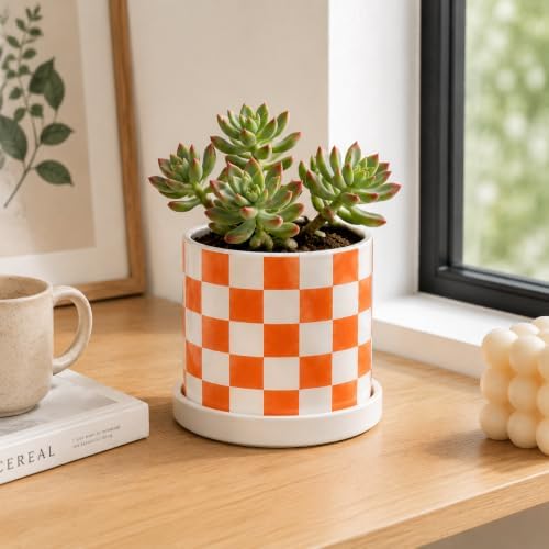 Checkered Ceramic Planter Pot with Drainage Hole and Saucer, Black and White Planters Decor,Indoor Cylinder Round Planter Pot (Yellow, Medium) - Image 6