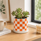 Checkered Ceramic Planter Pot with Drainage Hole and Saucer, Black and White Planters Decor,Indoor Cylinder Round Planter Pot (Yellow, Medium) - Image 6