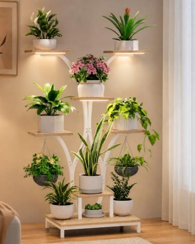 Indoor Plant Stand with Grow Lights, 59" Tall Corner Plant Stand for Multiple Plants, 7 Tiered Plant Shelf, Metal and Wood Plant Rack for Living Room, Bedroom, Home Decor, Natural by HXJLJY