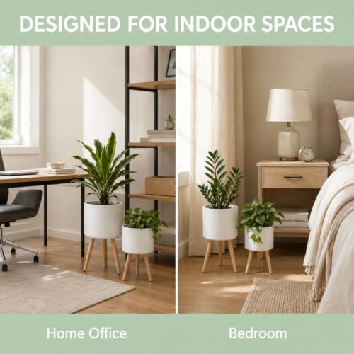 2 Pack Plant Stand Indoor Metal Planter Holder Wooden Leg Modern White - Image 6