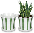Set of 2 Flower Planter, 5.8 inch Ceramic Plant Pots with Drainage Hole and Sauser, Stripe Ceramic Planters with Wavy Opening for Indoor Outdoor Home Gardening Desktop Windowsill by NatureCrafted