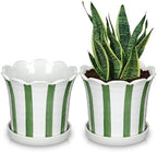 Set of 2 Flower Planter, 5.8 inch Ceramic Plant Pots with Drainage Hole and Sauser, Stripe Ceramic Planters with Wavy Opening for Indoor Outdoor Home Gardening Desktop Windowsill by NatureCrafted