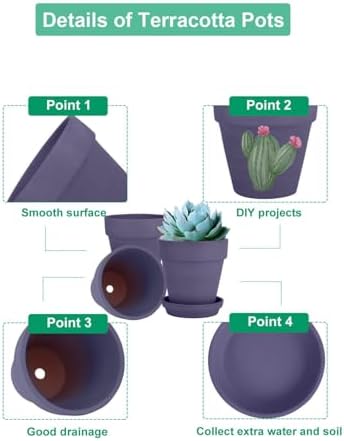 vensovo 4 Inch Purple Terracotta & Clay Pots with Saucer, 6 Pack - Image 3