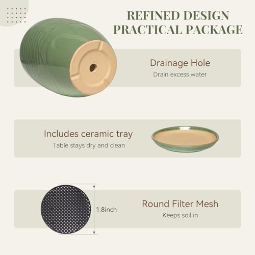 9.5 Inch Modern Ceramic Plant Pot with Saucer, Flower Pot with Drainage Hole Mesh Net,Indoor Outdoor Planter (Crackle-Green) - Image 4