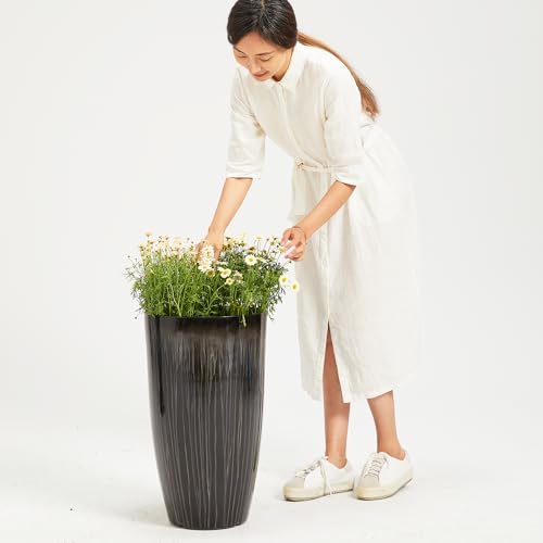 Worth Garden 23.5" H. Large Plastic Planters - Set of 2 Gradient Black Glossy Smooth Finish - Tall Plant Pots for Indoor & Outdoor Use - Decorative Lightweight Flower Pots for Front Porch, Patio, Deck - Image 5