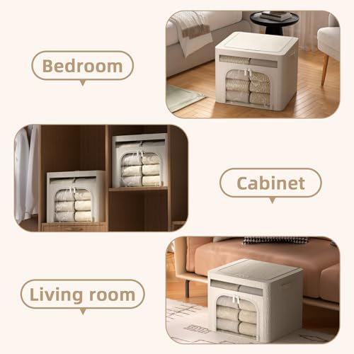 FHSQX 6 Pack Foldable Storage Bins for Clothes Clothes Storage Bins with Metal Frame Stackable Storage Box with Lid (Cream White, 16.5x12.2x12.2 inch (40L)) - Image 5
