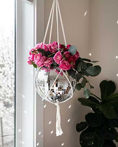 Hanging Disco Ball Planter 8" - with Acrylic Stand and Macrame Plant Hanger - Home Décor, Room Décor, Mirror Disco Planter, Disco Decor (10" with Base) - Image 4