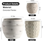 Round Concrete Style Planter Set of 3, Large Outdoor Flower Pots with Drainage, Stone Texture Plant Pots for Indoor Outdoor Garden, Patio & Balcony Décor (3, Stone White) - Image 2