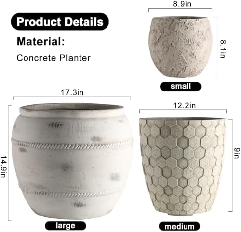Round Concrete Style Planter Set of 3, Large Outdoor Flower Pots with Drainage, Stone Texture Plant Pots for Indoor Outdoor Garden, Patio & Balcony Décor (3, Stone White) - Image 2