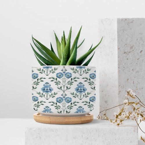 Mughal Flower in Ceramic Planter Blue Floral Planters for Indoor Plants with Drainage Holes and Saucers Pot for Home Office Decoration - Image 7
