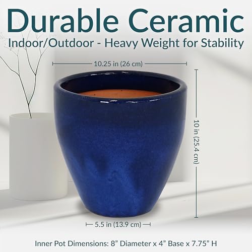 Sunnydaze 10 in Outdoor Glazed Ceramic Plant Pot - Imperial Blue - Set of 2 - Image 5