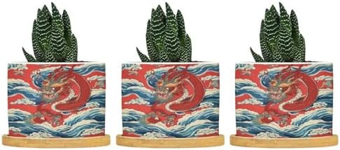 Dragon Chinoiserie Planters Ceramic Asian Inspired Round Flower Pots with Drainage Holes and Bamboo Tray Pot for Home Desktop Office Windowsill by BRUYU5SE