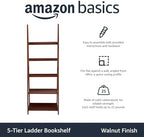 Amazon Basics 5-Tier Ladder Bookshelf Storage Organizer, Solid Rubberwood Frame, Space-Saving Bookcase, Sturdy Shelves, Walnut Finish, 14" D x 24.8" W x 70.1" H - Image 4