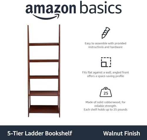 Amazon Basics 5-Tier Ladder Bookshelf Storage Organizer, Solid Rubberwood Frame, Space-Saving Bookcase, Sturdy Shelves, Walnut Finish, 14" D x 24.8" W x 70.1" H - Image 4