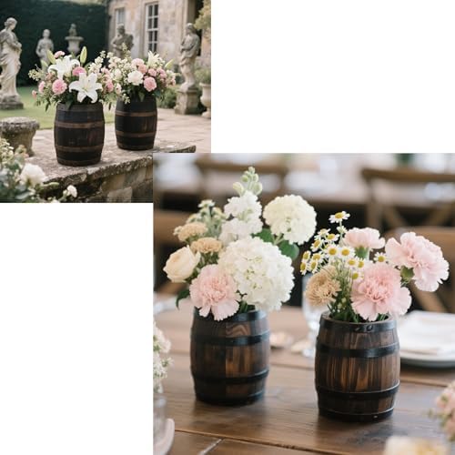 2 Pcs Wood Wine Barrel Vase 6" x 5" – Rustic Wooden Flower Vase Planter for Wedding Reception, Home Indoor Outdoor Garden, Kitchen, Party Table Decoration - Image 6
