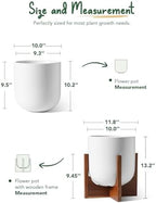LE TAUCI 10 Inch Plant Pot with Acacia Wood Stand, Ceramic Planters for Indoor Plants, Unique Plant Pots Indoor for Home Decor, Mid-Century Modern Pots for Plants with Drainage Hole and Plug, White - Image 5