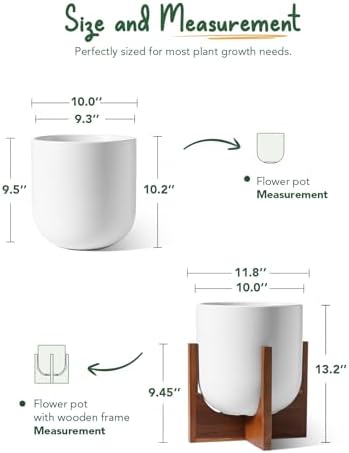 LE TAUCI 10 Inch Plant Pot with Acacia Wood Stand, Ceramic Planters for Indoor Plants, Unique Plant Pots Indoor for Home Decor, Mid-Century Modern Pots for Plants with Drainage Hole and Plug, White - Image 5
