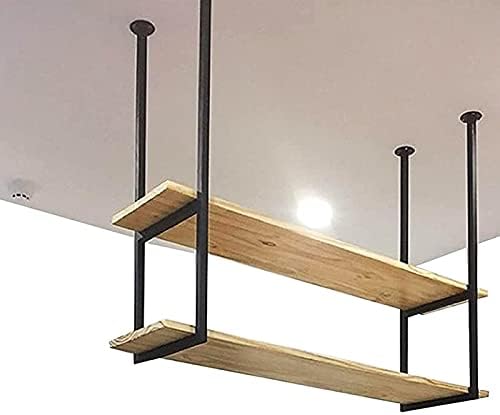 Ceiling Hanging Shelf, 2 Layer Wooden Storage Shelving with Iron Boom Floating Decorations Shelves Flower Pot Stand for Bar Living Room Flower Shop, Pot Pan Rack Wine Holder (Size by Unknown