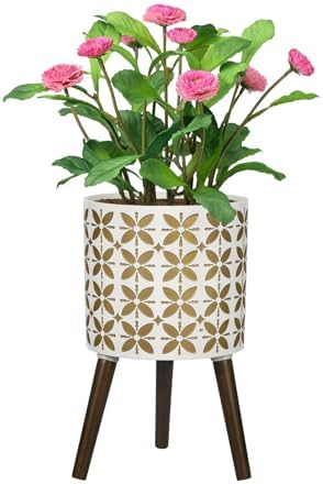 10 Inch Planter with Stand, Modern Plants Pot for Indoor Plants with Legs, Large Planter Pot with Drainage Holes for Outdoor,White/Gold by nacltlo