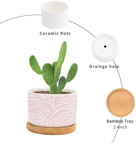 Tiger Print Light Pink White Planter Ceramic Animal Tiger Print Round Plant Pots with Drainage Holes and Bamboo Tray Pot for Succulents Cactus Garden Windowsill - Image 3