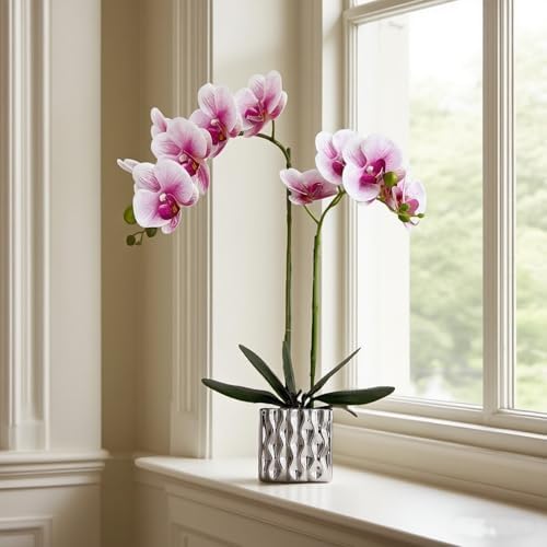 Artificial Orchid with Silver Vase, 20 Inch Purple Heart White Flowers, Indoor Home Decor - Image 6
