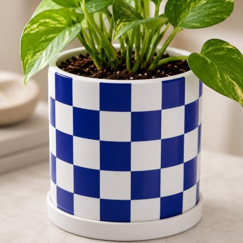 Checkered Ceramic Planter Pot with Drainage Hole and Saucer, Black and White Planters Decor,Indoor Cylinder Round Planter Pot (Blue, Medium) - Image 6