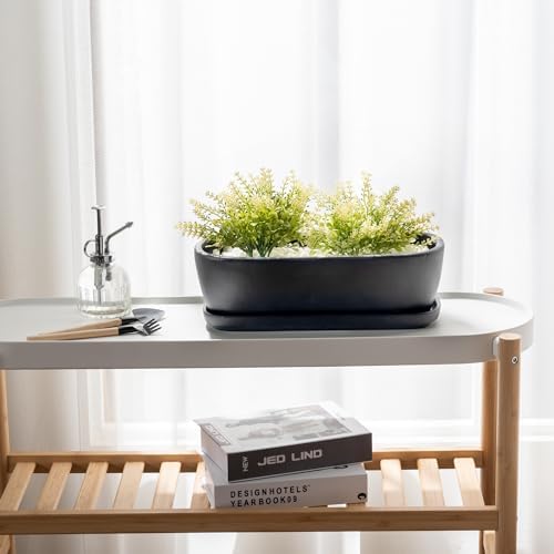 MyGift Black Ceramic Indoor Planter Pot with Drainage Hole & Saucer - Image 3