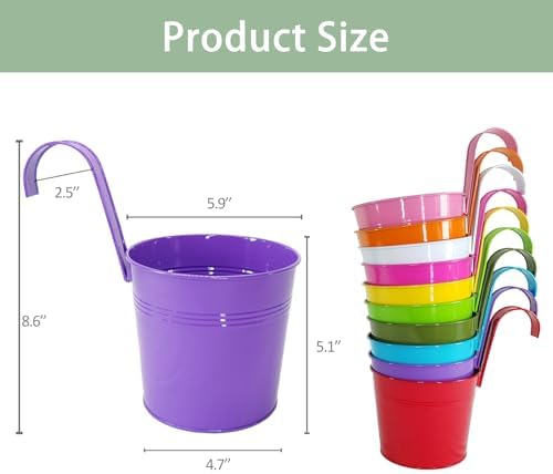 10 Pack 6" Colorful Metal Hanging Railing Planters with Detachable Hooks - Image 3