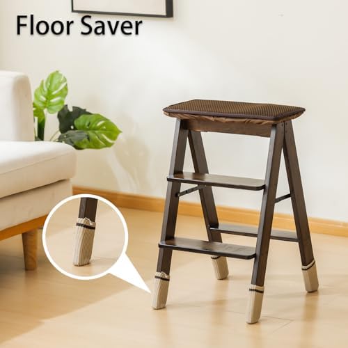 Latifolia Foldable 3 Step Ladder, Bamboo Step Stool with Floor Saver, Decorative Ladder Shelf for Living Room, Kitchen, Garden(Dark Walnut) - Image 5