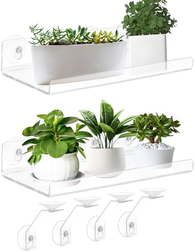 2 Pack 15 Inch Acrylic Window Boxes Plant Shelves, 6 Inch Extra-Wide Windowsill Extender – Features Suction Cups and Support Brackets for Succulents, Herbs, Seed Starting | Indoor/Outdoor Use by Skewo