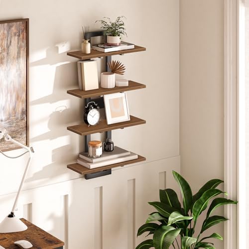 HOOBRO Floating Shelves, 15 Inch Wall Shelf Set of 2, Wall Mounted Storage Shelves 2-Tier, Hanging Bathroom Shelves, for Living Room, Bedroom, Bathroom, Kitchen, Walnut and Black BH32BJ01 - Image 4