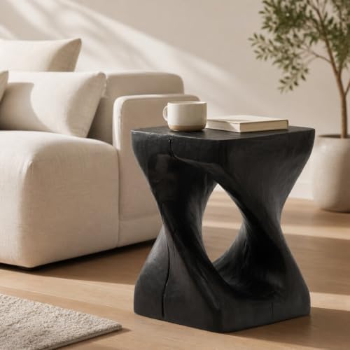 Twisted Solid Wood Accent Table, Hand-Carved Sculptural End Table, 12x12x16 inch Rustic Wooden Stool, Modern Geometric Side Table for Living Room Bedroom, Natural Wood Nightstand Plant Stand by Unknown