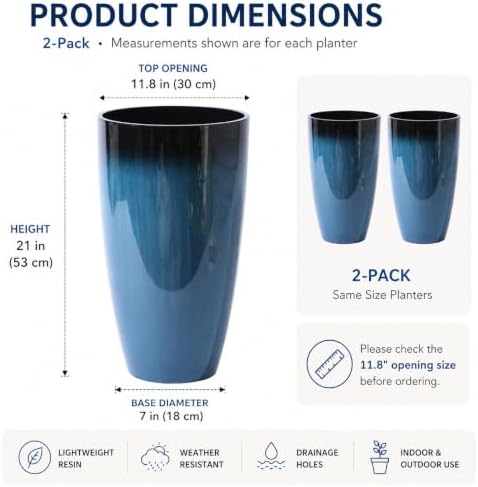 21" Tall Planters 2 Pack,Round Glazed Blue Resin Flower Pots Indoor Outdoor - Image 6