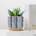Blue French Ticking Stripes Planters Ceramic Feather Ticking Pattern Round Plant Pots with Drainage Holes and Bamboo Tray Pot for Home Desktop Office Windowsill - Image 7
