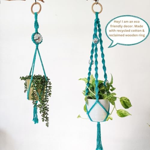 Set of 2 Macrame Plant Hanger Disco ball decor Hanging planters for indoor plants Cool gifts for plant lovers Boho plant pots plant stand indoor Hanging planters for outdoor plants (Ocean Teal) - Image 4
