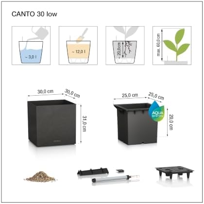 Lechuza Canto Stone Low 30 Graphite Black, Self-Watering Square Planter, H11.8 L11.8 W11.8 in - Image 4