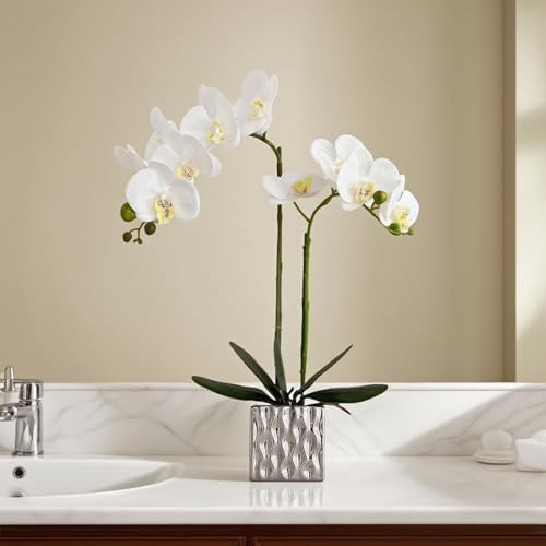 LISU Artificial Orchids, Silver Vases, Home Decoration Flower Arrangements, Fake Flowers in Vases. (C:White) - Image 4